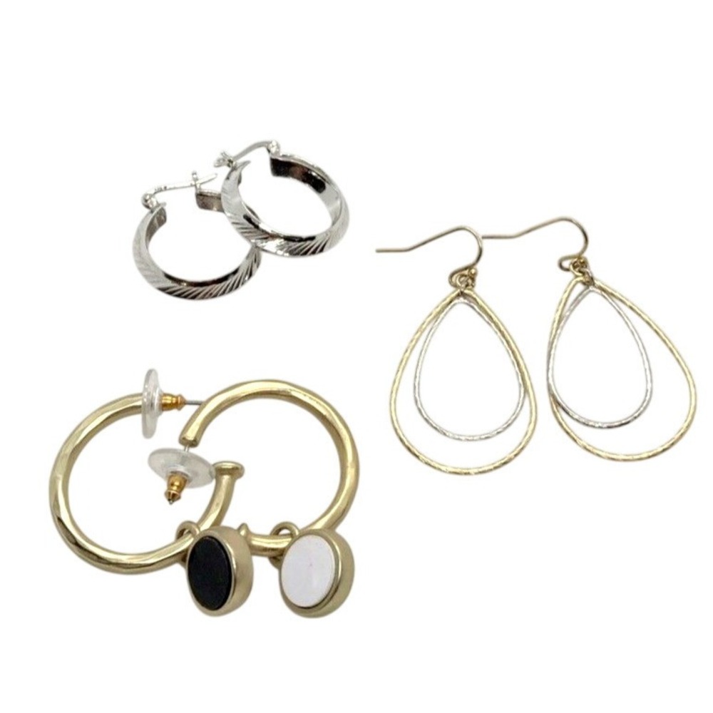 Vintage - Now Lot of 3 Pairs Gold Tone Silver Tone Hoop Dangle Pierced Earrings